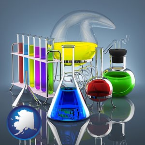 colorful chemicals in chemical laboratory vessels - with Alaska icon