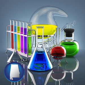 colorful chemicals in chemical laboratory vessels - with Alabama icon