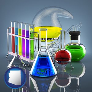 colorful chemicals in chemical laboratory vessels - with Arizona icon