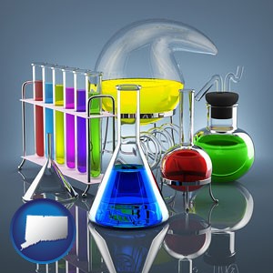 colorful chemicals in chemical laboratory vessels - with Connecticut icon