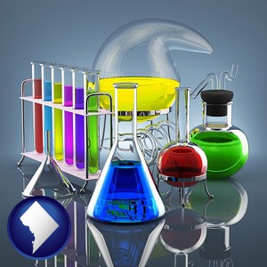 colorful chemicals in chemical laboratory vessels - with Washington, DC icon