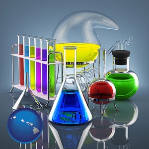 colorful chemicals in chemical laboratory vessels - with Hawaii icon