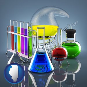 colorful chemicals in chemical laboratory vessels - with Illinois icon