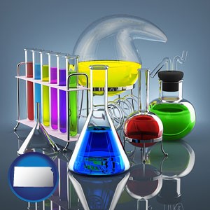 colorful chemicals in chemical laboratory vessels - with Kansas icon