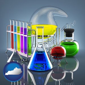colorful chemicals in chemical laboratory vessels - with Kentucky icon
