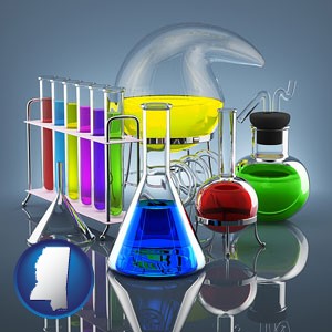 colorful chemicals in chemical laboratory vessels - with Mississippi icon