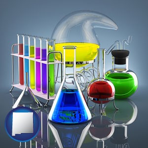 colorful chemicals in chemical laboratory vessels - with New Mexico icon