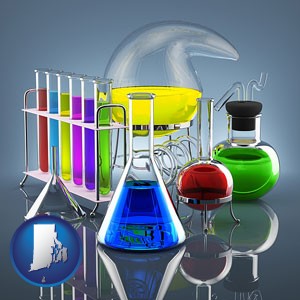 colorful chemicals in chemical laboratory vessels - with Rhode Island icon