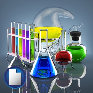 colorful chemicals in chemical laboratory vessels - with Utah icon
