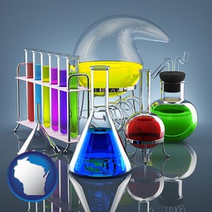 colorful chemicals in chemical laboratory vessels - with Wisconsin icon