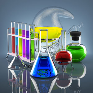 colorful chemicals in chemical laboratory vessels
