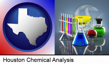 colorful chemicals in chemical laboratory vessels in Houston, TX